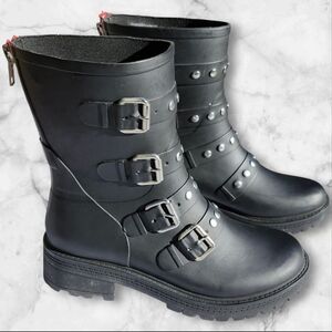 STEVE MADDEN Black Mid Calf Buckle Steampunk Grunge Chunky Zip Rain‎ Boot Size 7